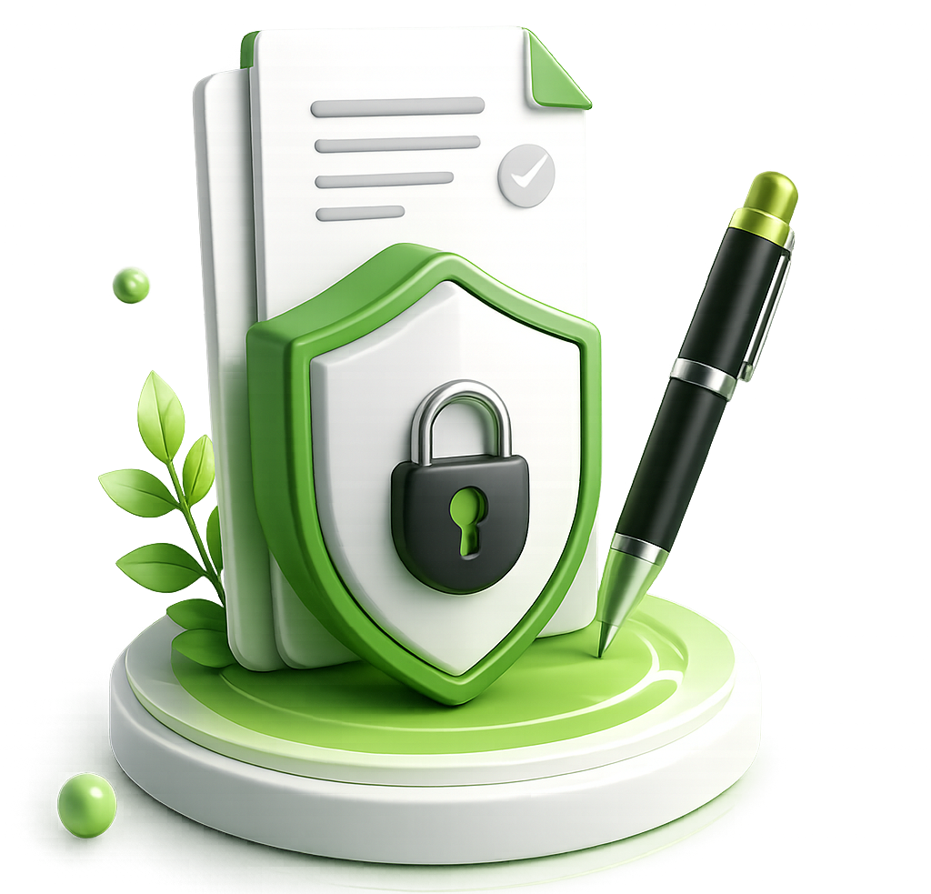 Illustration of a shield with a pen and padlock, representing secure digital signing