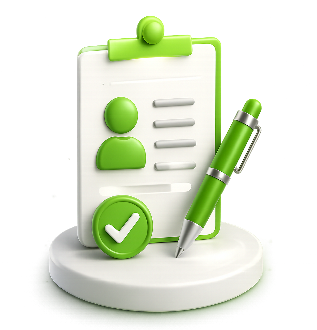 Illustration of a clipboard checklist with a pen and checkmark, representing account setup